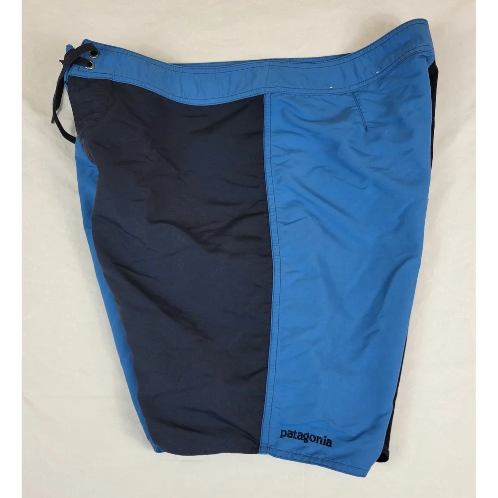 Patagonia Mens 35 Board Shorts Blue Colorblock Swim Trunks Nylon‎ Lace Up Fly